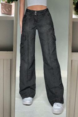 Faded Pocketed Y2K Jeans - Retro 90s Grunge, Summer Y2K Outfits, Y2K Fashion for Women