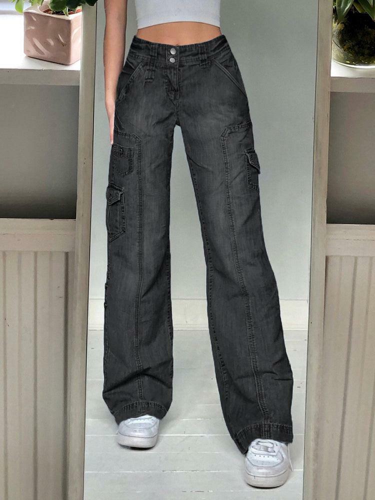 Faded Pocketed Y2K Jeans - Retro 90s Grunge, Summer Y2K Outfits, Y2K Fashion for Women