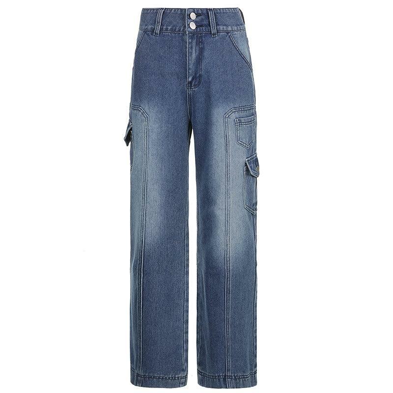 Faded Pocketed Y2K Jeans - Retro 90s Grunge, Summer Y2K Outfits, Y2K Fashion for Women