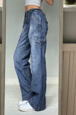 Faded Pocketed Y2K Jeans - Retro 90s Grunge, Summer Y2K Outfits, Y2K Fashion for Women