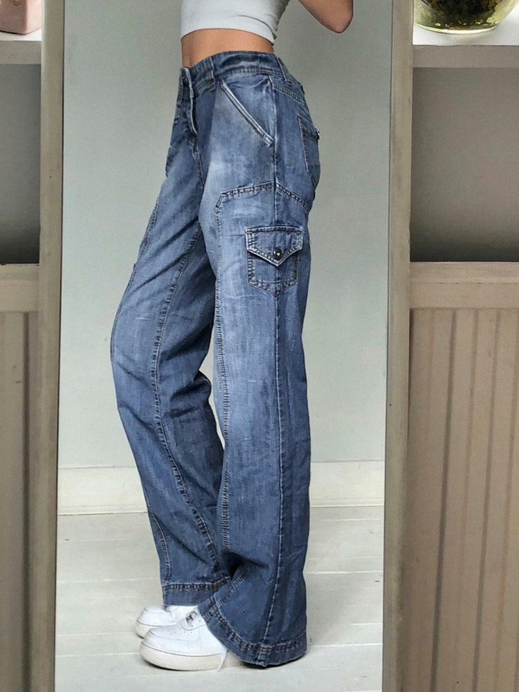 Faded Pocketed Y2K Jeans - Retro 90s Grunge, Summer Y2K Outfits, Y2K Fashion for Women