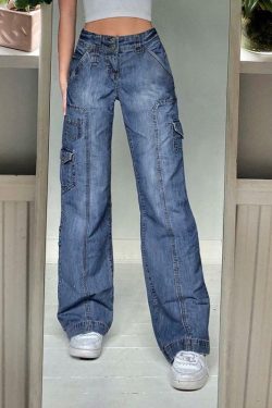 Faded Pocketed Y2K Jeans - Retro 90s Grunge, Summer Y2K Outfits, Y2K Fashion for Women