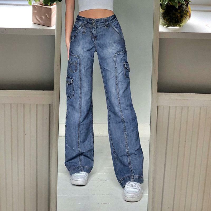 Faded Pocketed Y2K Jeans - Retro 90s Grunge, Summer Y2K Outfits, Y2K Fashion for Women