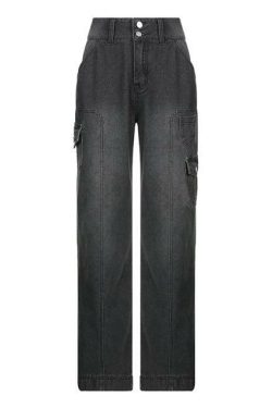 Faded Pocketed Y2K Jeans - Retro 90s Grunge, Summer Y2K Outfits, Y2K Fashion for Women