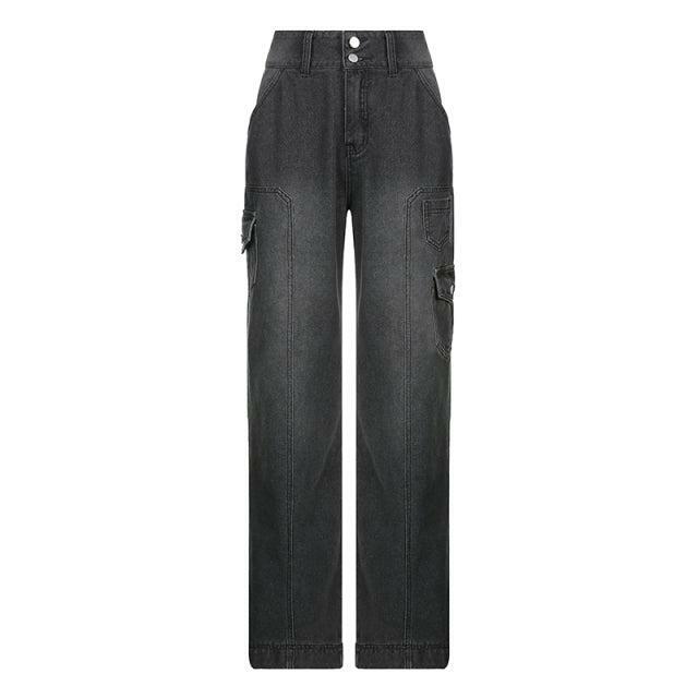 Faded Pocketed Y2K Jeans - Retro 90s Grunge, Summer Y2K Outfits, Y2K Fashion for Women