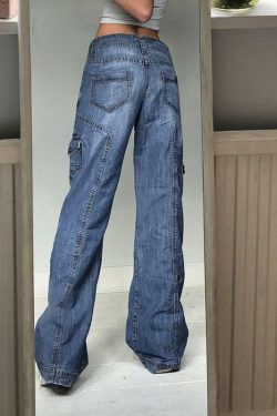 Faded Pocketed Y2K Jeans - Retro 90s Grunge, Summer Y2K Outfits, Y2K Fashion for Women
