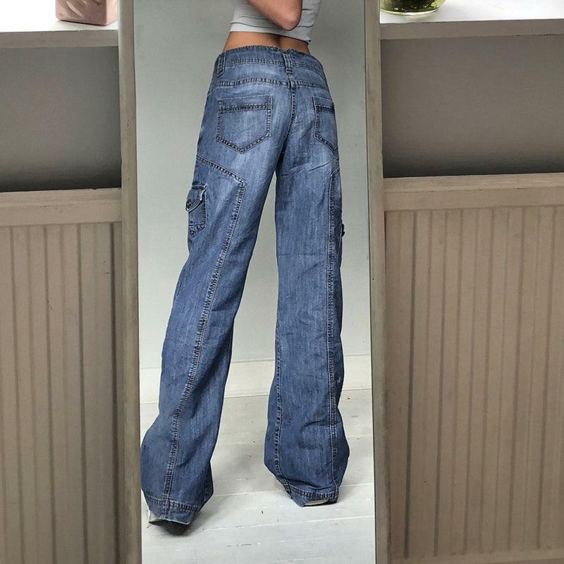 Faded Pocketed Y2K Jeans - Retro 90s Grunge, Summer Y2K Outfits, Y2K Fashion for Women