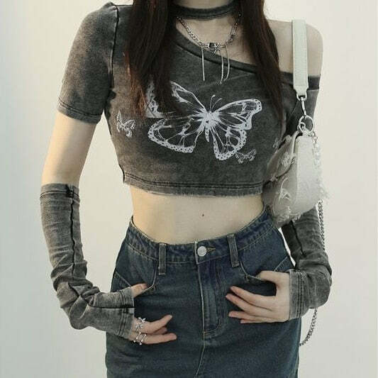Fairy Grunge Butterfly Crop Top - Y2K Summer, 90s Fashion, Retro, Pastel Goth, Y2K Club Outfits