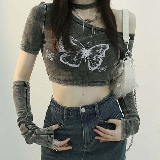 Fairy Grunge Butterfly Crop Top - Y2K Summer, 90s Fashion, Retro, Pastel Goth, Y2K Club Outfits