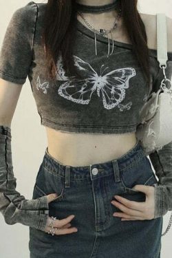 Fairy Grunge Butterfly Crop Top - Y2K Summer, 90s Fashion, Retro, Pastel Goth, Y2K Club Outfits