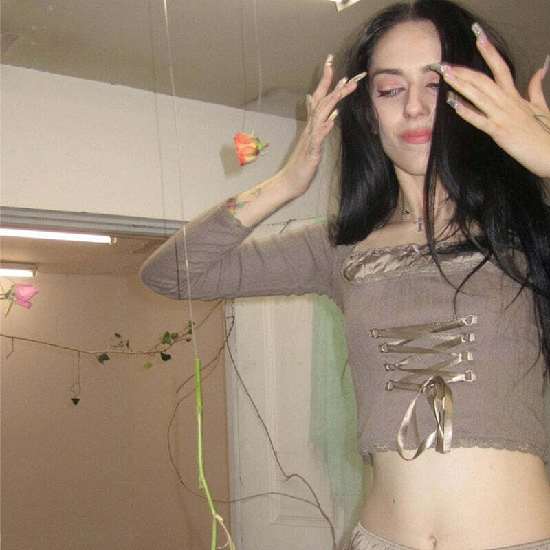 Fairy Grunge Long Sleeve Milkmaid Top - Y2K Summer, 90s Fashion, Retro, Pastel Goth Outfits