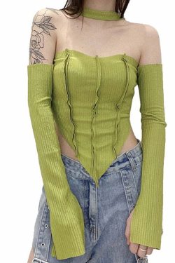 Fairy Grunge Long Sleeve Top Green - Y2K Summer, 90s Fashion, Retro Style, Pastel Goth Outfit