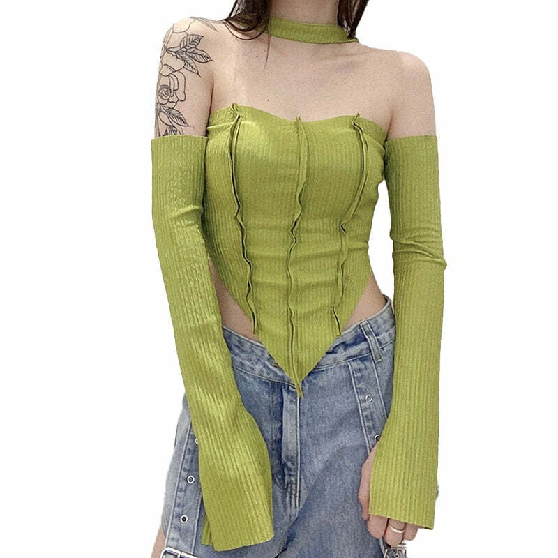 Fairy Grunge Long Sleeve Top Green - Y2K Summer, 90s Fashion, Retro Style, Pastel Goth Outfit