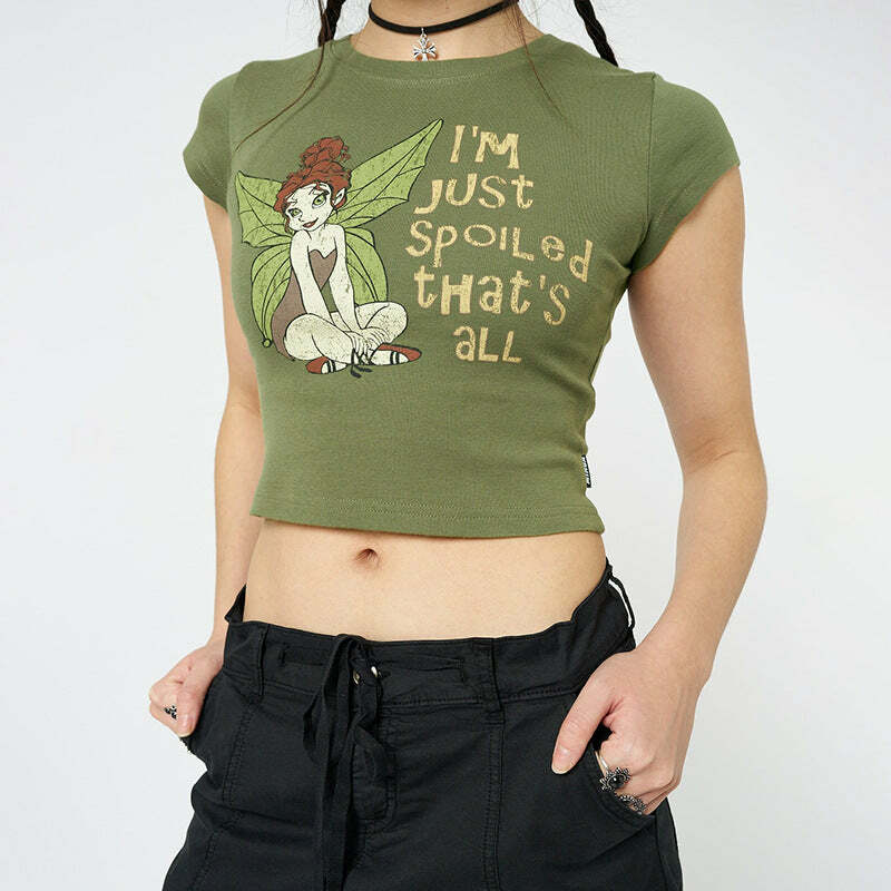 Fairy Print Short Sleeve Top - Y2K Summer Grunge, 90s Fashion, Retro Y2K Club and Party Outfit