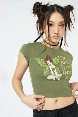 Fairy Print Short Sleeve Top - Y2K Summer Grunge, 90s Fashion, Retro Y2K Club and Party Outfit
