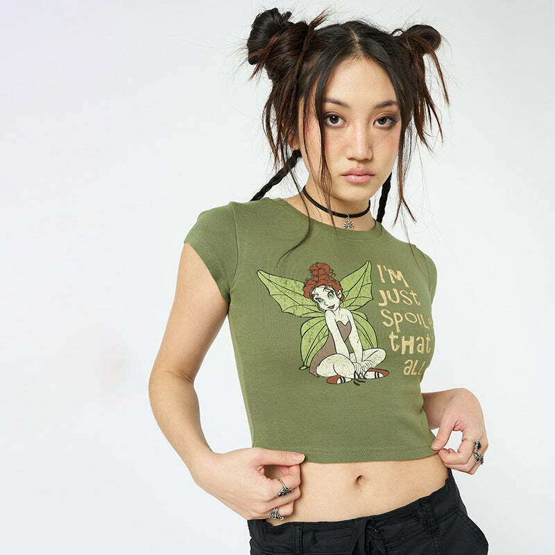 Fairy Print Short Sleeve Top - Y2K Summer Grunge, 90s Fashion, Retro Y2K Club and Party Outfit