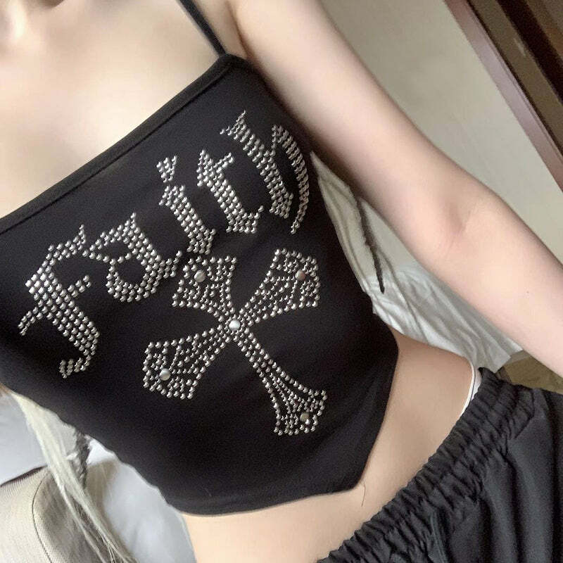 Faith Embellished Letter Print Top - Y2K Summer, 90s Grunge, Retro Style, Baby Tees, Y2K Club