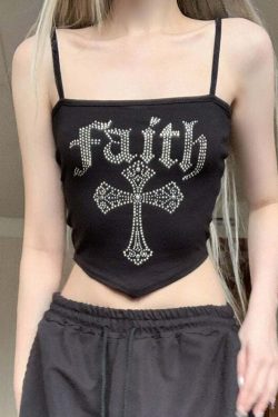 Faith Embellished Letter Print Top - Y2K Summer, 90s Grunge, Retro Style, Baby Tees, Y2K Club