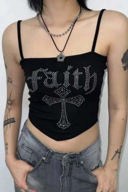 Faith Embellished Letter Print Top - Y2K Summer, 90s Grunge, Retro Style, Baby Tees, Y2K Club