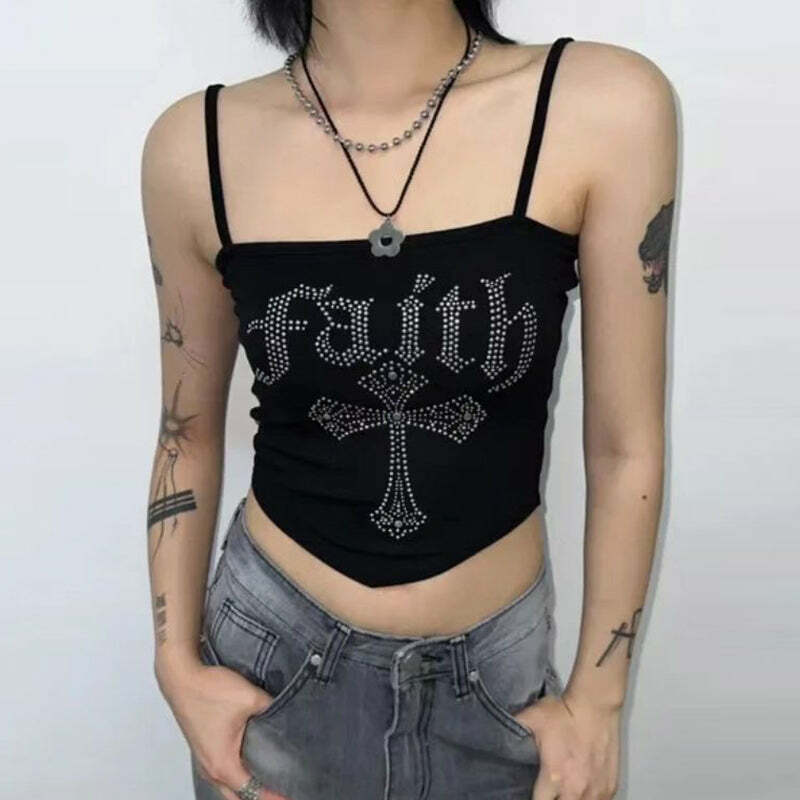 Faith Embellished Letter Print Top - Y2K Summer, 90s Grunge, Retro Style, Baby Tees, Y2K Club