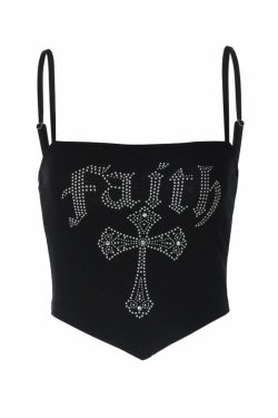 Faith Embellished Letter Print Top - Y2K Summer, 90s Grunge, Retro Style, Baby Tees, Y2K Club