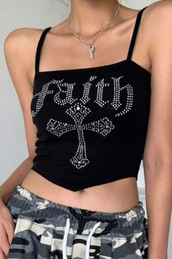 Faith Embellished Letter Print Top - Y2K Summer, 90s Grunge, Retro Style, Baby Tees, Y2K Club