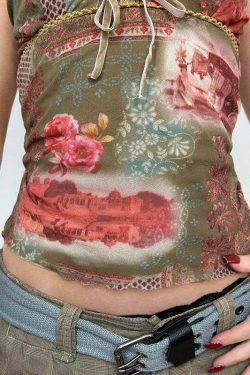 Farah Lace Detailed Printed Top - Y2K Summer, 90s Fashion, Grunge, Retro, Pastel Goth