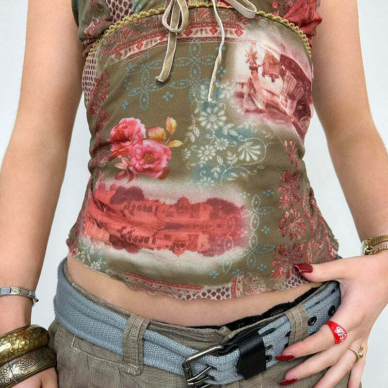 Farah Lace Detailed Printed Top - Y2K Summer, 90s Fashion, Grunge, Retro, Pastel Goth