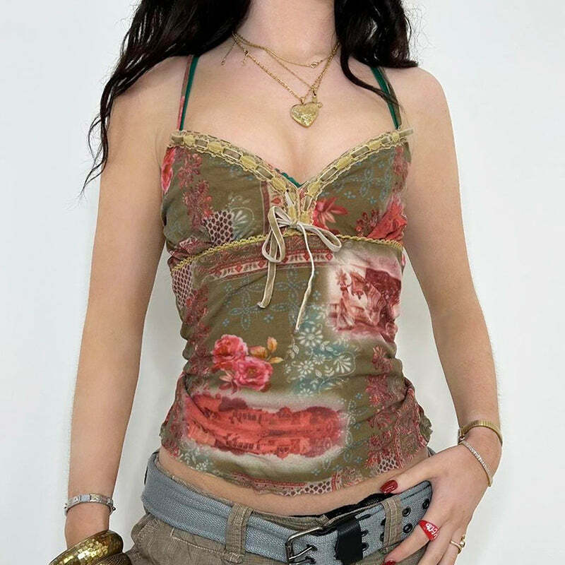 Farah Lace Detailed Printed Top - Y2K Summer, 90s Fashion, Grunge, Retro, Pastel Goth
