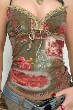 Farah Lace Detailed Printed Top - Y2K Summer, 90s Fashion, Grunge, Retro, Pastel Goth