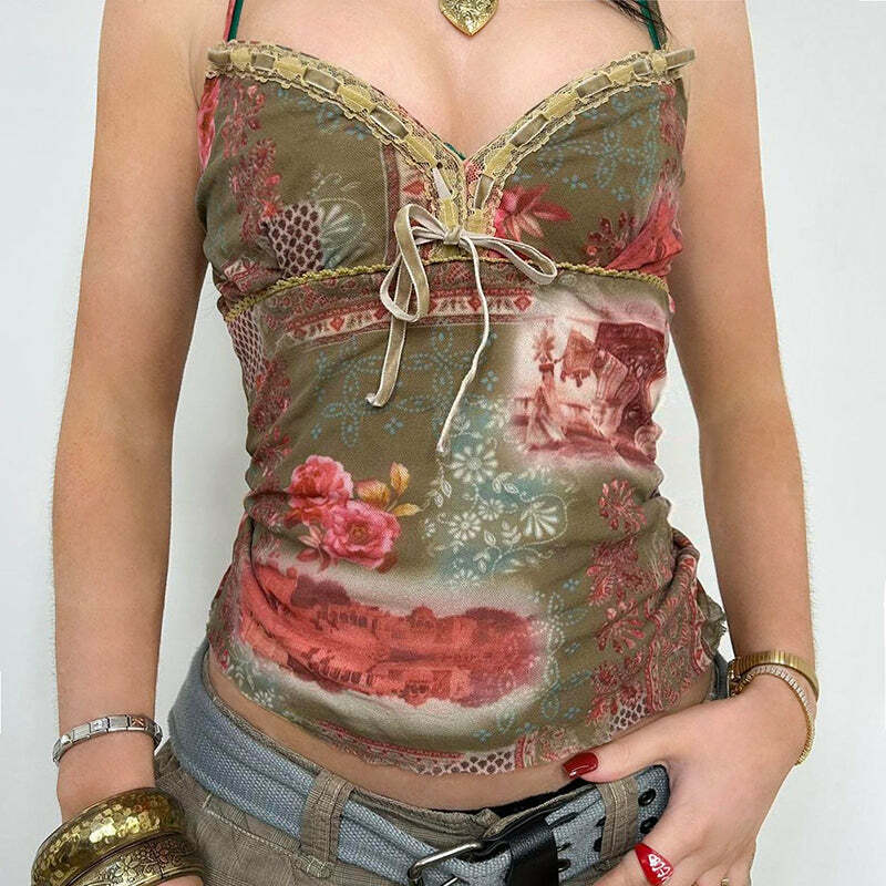 Farah Lace Detailed Printed Top - Y2K Summer, 90s Fashion, Grunge, Retro, Pastel Goth