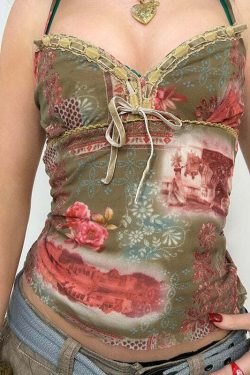 Farah Lace Detailed Printed Top - Y2K Summer, 90s Fashion, Grunge, Retro, Pastel Goth
