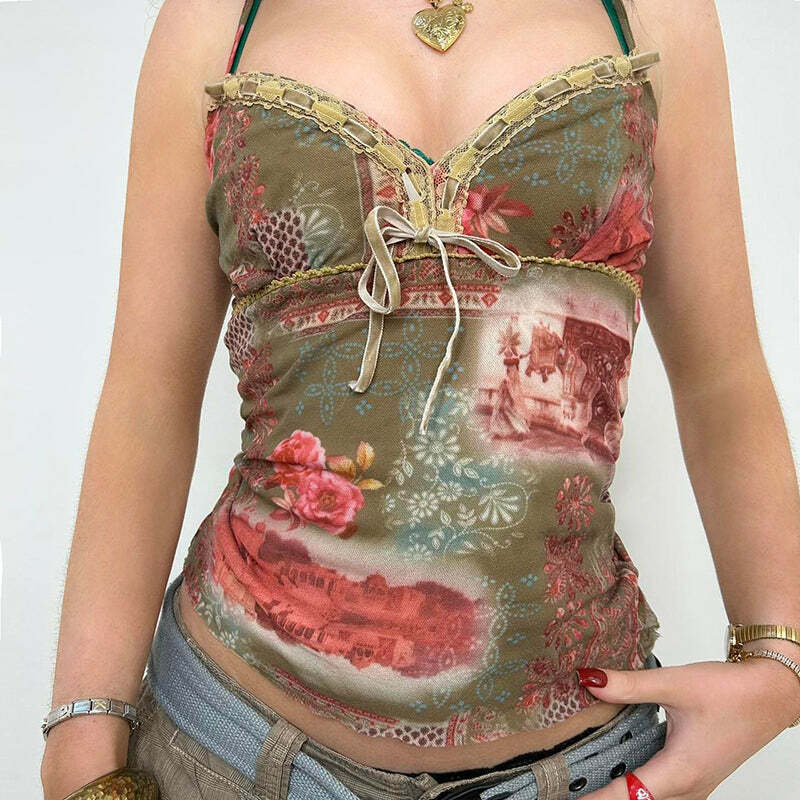 Farah Lace Detailed Printed Top - Y2K Summer, 90s Fashion, Grunge, Retro, Pastel Goth