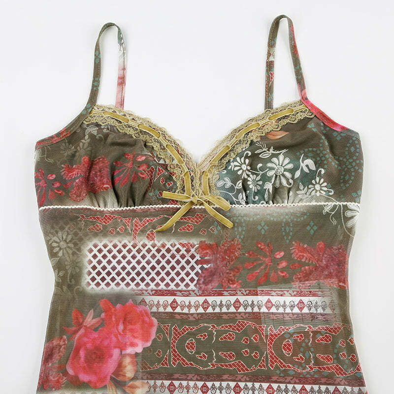 Farah Lace Detailed Printed Top - Y2K Summer, 90s Fashion, Grunge, Retro, Pastel Goth