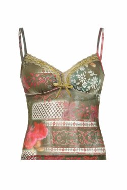 Farah Lace Detailed Printed Top - Y2K Summer, 90s Fashion, Grunge, Retro, Pastel Goth