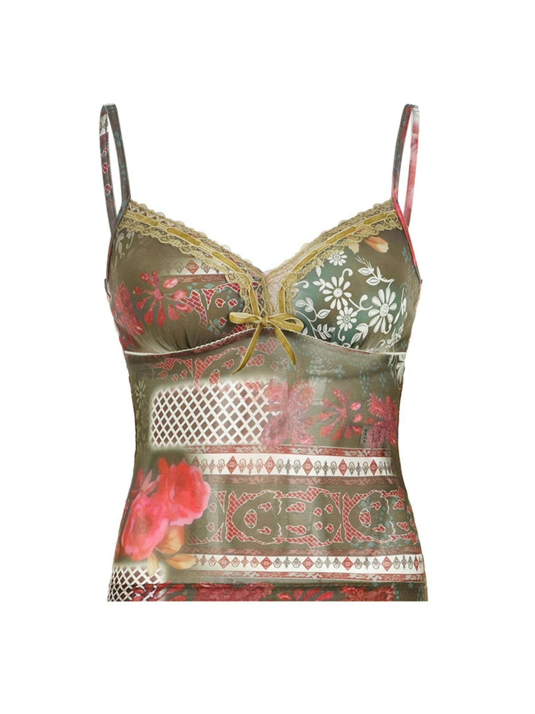 Farah Lace Detailed Printed Top - Y2K Summer, 90s Fashion, Grunge, Retro, Pastel Goth