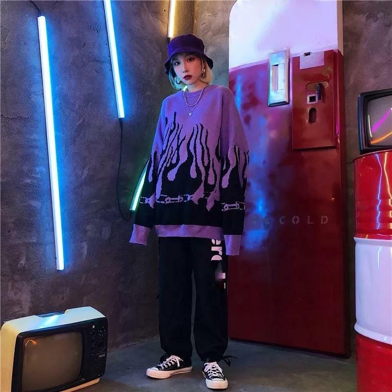 Flamed Lit Chain Sweatshirt - Y2K Grunge, 90s Fashion, Retro Style, Y2K Party & Club Outfits