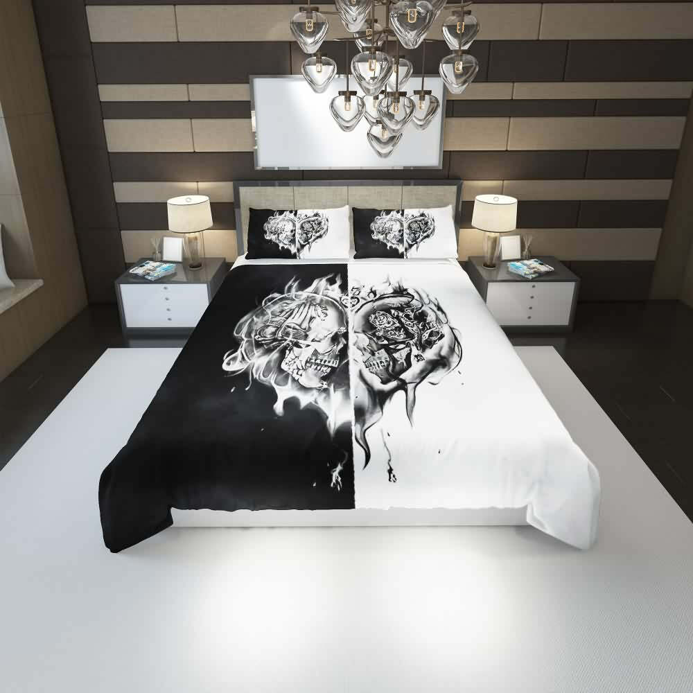 Flaming Skull Heart Duvet Cover Set - Y2K Grunge, 90s Retro, Gothic Pastel Goth, Y2K Pop