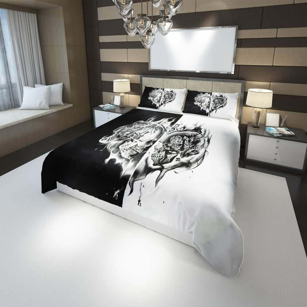 Flaming Skull Heart Duvet Cover Set - Y2K Grunge, 90s Retro, Gothic Pastel Goth, Y2K Pop