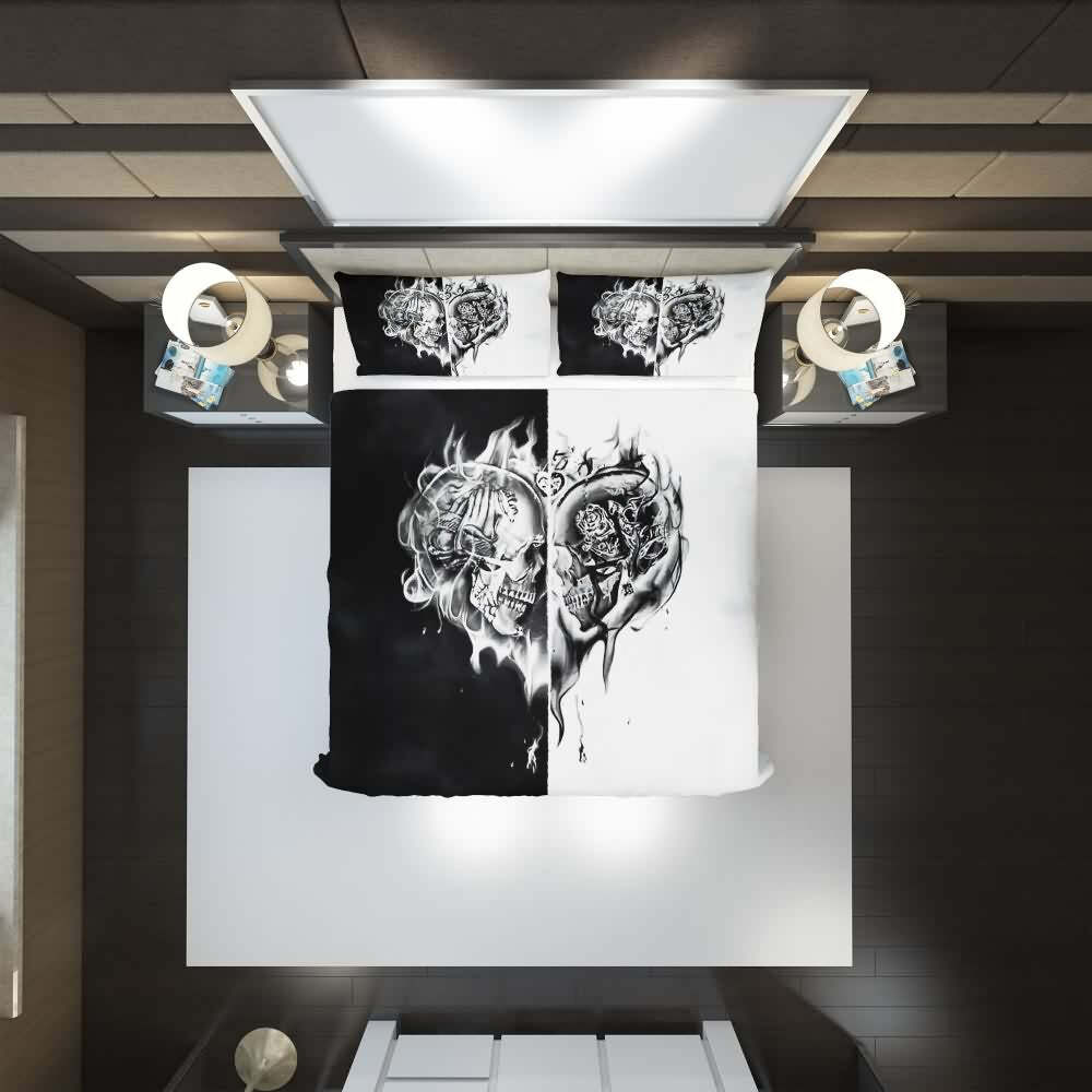 Flaming Skull Heart Duvet Cover Set - Y2K Grunge, 90s Retro, Gothic Pastel Goth, Y2K Pop