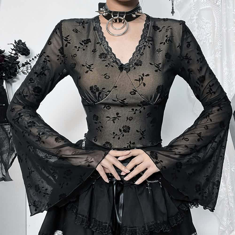 Floral Elegance Sheer Long Sleeve Top - Y2K Summer, 90s Fashion, Grunge, Retro, Pastel Goth