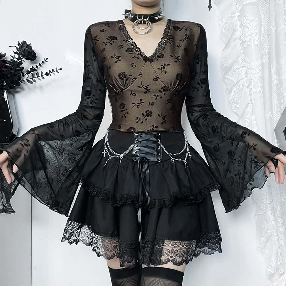Floral Elegance Sheer Long Sleeve Top - Y2K Summer, 90s Fashion, Grunge, Retro, Pastel Goth
