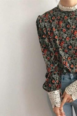 Floral Print Long Sleeve Blouse - Y2K Summer, 90s Fashion, Grunge, Retro, Pastel Goth Outfits