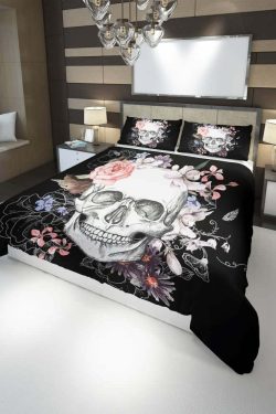 Floral Skull Duvet Cover Set - Y2K Grunge, 90s Retro, Pastel Goth, Summer Y2K Fashion Decor