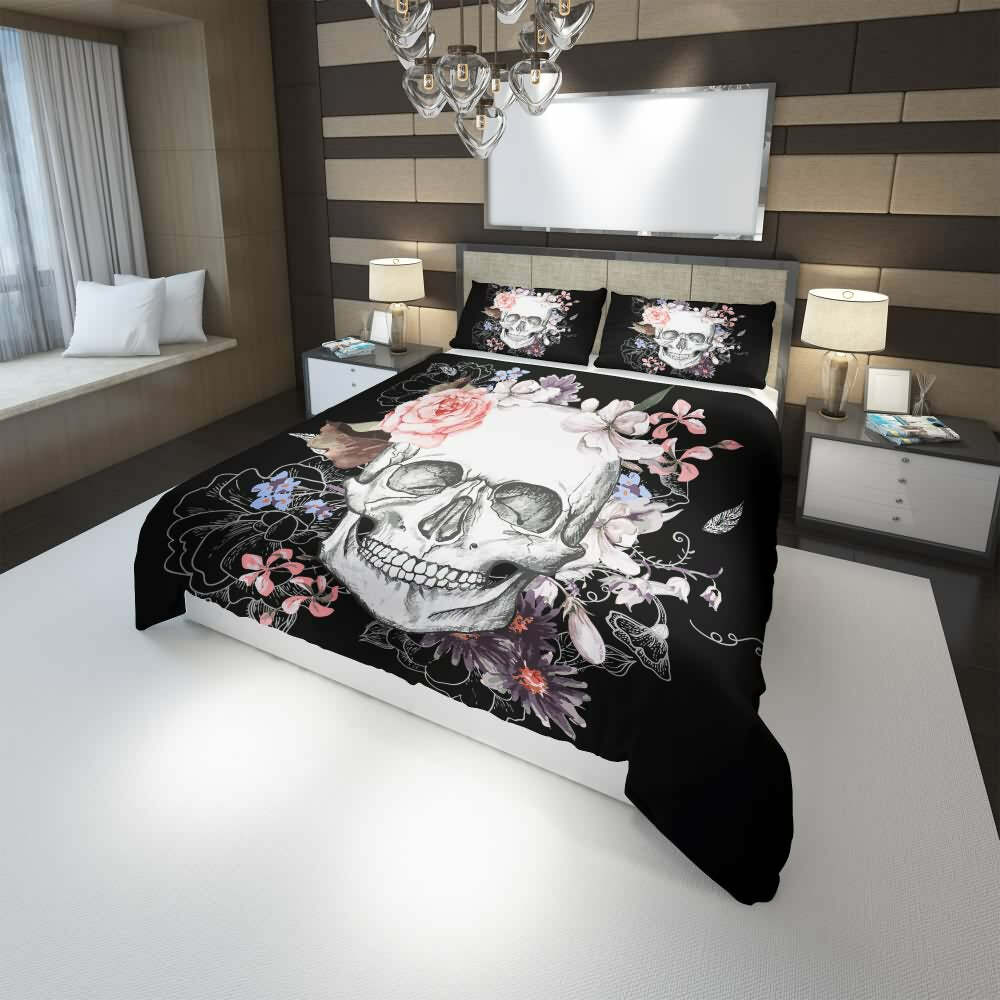 Floral Skull Duvet Cover Set - Y2K Grunge, 90s Retro, Pastel Goth, Summer Y2K Fashion Decor