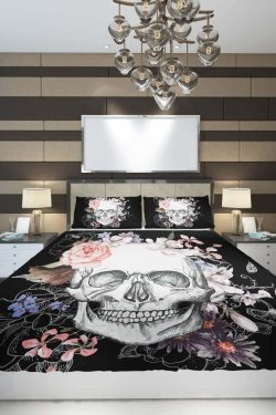 Floral Skull Duvet Cover Set - Y2K Grunge, 90s Retro, Pastel Goth, Summer Y2K Fashion Decor