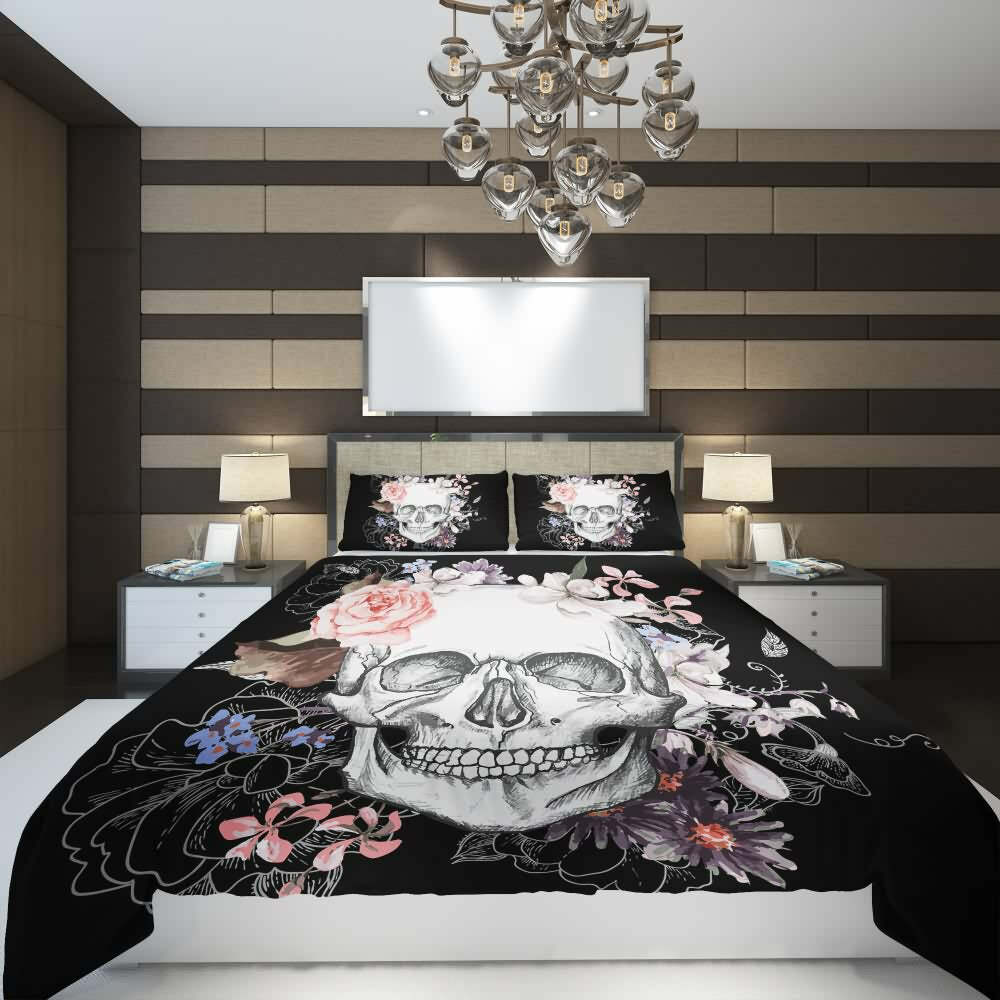 Floral Skull Duvet Cover Set - Y2K Grunge, 90s Retro, Pastel Goth, Summer Y2K Fashion Decor
