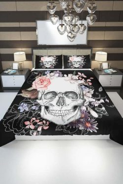 Floral Skull Duvet Cover Set - Y2K Grunge, 90s Retro, Pastel Goth, Summer Y2K Fashion Decor