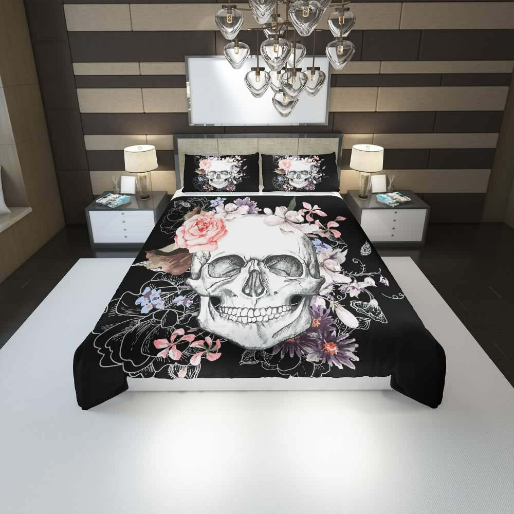 Floral Skull Duvet Cover Set - Y2K Grunge, 90s Retro, Pastel Goth, Summer Y2K Fashion Decor