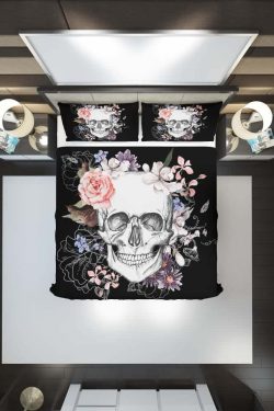 Floral Skull Duvet Cover Set - Y2K Grunge, 90s Retro, Pastel Goth, Summer Y2K Fashion Decor